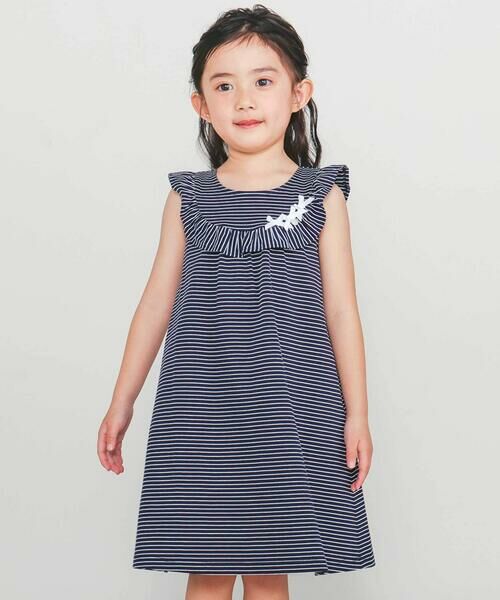 Tartine et Chocolat / タルティーヌ エ ショコラ ミニ丈・ひざ丈ワンピース | 【お揃い】サイロプレミアムフリルリボンワンピース(90~140cm)(ネイビー系)