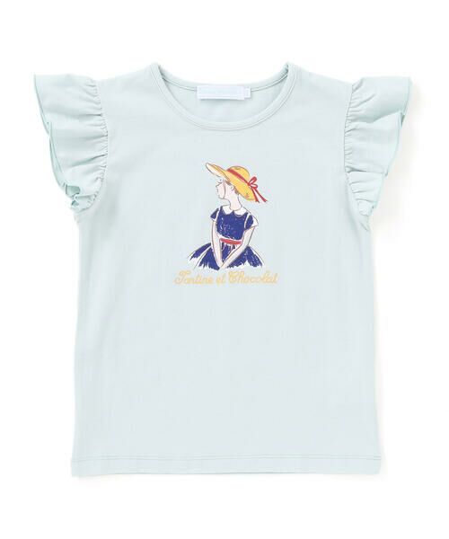 Tartine et Chocolat / タルティーヌ エ ショコラ Tシャツ | 麦わら女の子プリント袖フリルTシャツ(90~140cm)(グリーン)