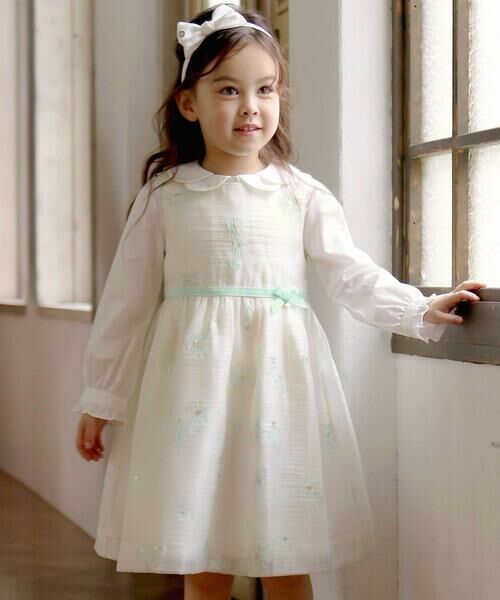 Tartine et Chocolat / タルティーヌ エ ショコラ ドレス | ラメオーガンジーフラワージャンパースカート(100~130cm)(グリーン系)