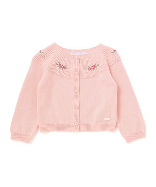 Tartine et Chocolat / タルティーヌ エ ショコラ ベビー・キッズウエア | アクリルコットン刺しゅう編地切り替えカーディガンベビー(70~90cm)（ピンク）