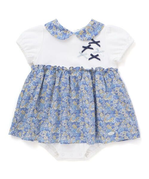 Tartine et Chocolat / タルティーヌ エ ショコラ ロンパース | 【お揃い】リバティ(leontyne dream)プリントタナローンスカート付きリボンカバーオールベビー(70-90cm)（ブルー系）