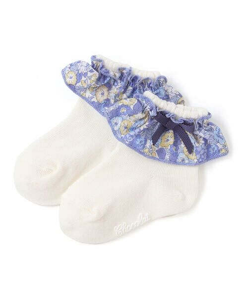 Tartine et Chocolat / タルティーヌ エ ショコラ ベビー・キッズグッズ | 【日本製】【お揃い】リバティ(leontyne dream)プリントタナローンフリル付きリボンベビーソックス(8~13cm)（ブルー系）