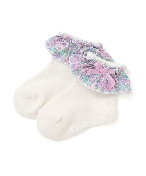 Tartine et Chocolat / タルティーヌ エ ショコラ ベビー・キッズグッズ | 【日本製】【お揃い】リバティ(leontyne dream)プリントタナローンフリル付きリボンベビーソックス(8~13cm)（パープル系）