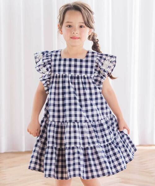 Tartine et Chocolat / タルティーヌ エ ショコラ ミニ丈・ひざ丈ワンピース | 【お揃い】ギンガムチェック花柄刺しゅうワンピース(90~140cm)（ネイビー系）