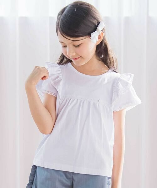 Tartine et Chocolat / タルティーヌ エ ショコラ Tシャツ | ベア天竺フリルレースTシャツ(100~140cm)（ホワイト）