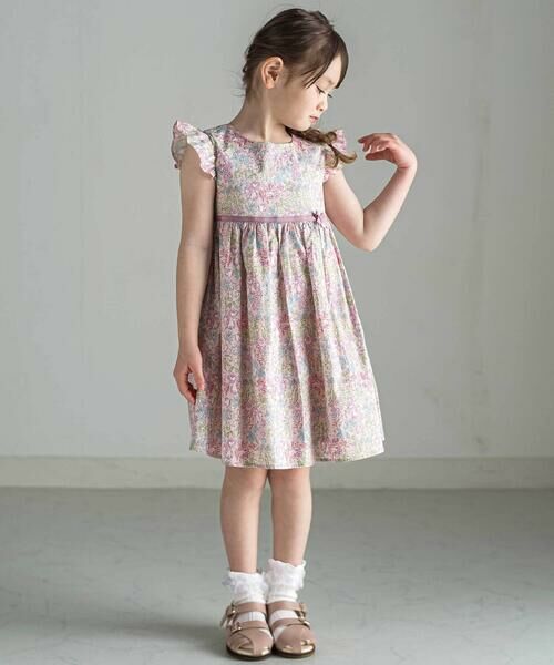 Tartine et Chocolat / タルティーヌ エ ショコラ ミニ丈・ひざ丈ワンピース | 【日本製】【お揃い】リバティ(SweetPeaLeaf)プリントタナローン袖フリルワンピース(90~140cm) | 詳細2