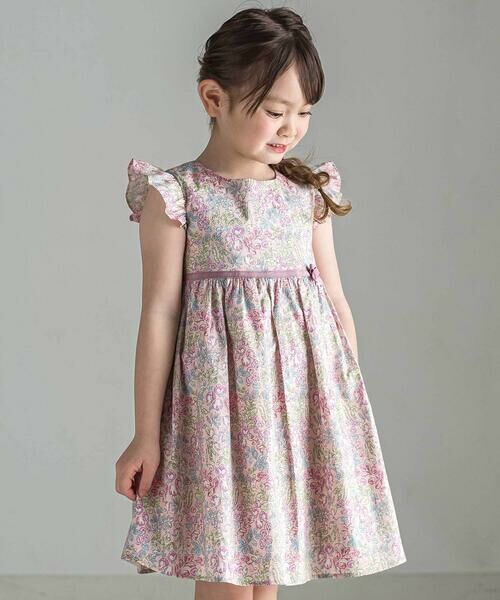 Tartine et Chocolat / タルティーヌ エ ショコラ ミニ丈・ひざ丈ワンピース | 【日本製】【お揃い】リバティ(SweetPeaLeaf)プリントタナローン袖フリルワンピース(90~140cm)（ピンク系）