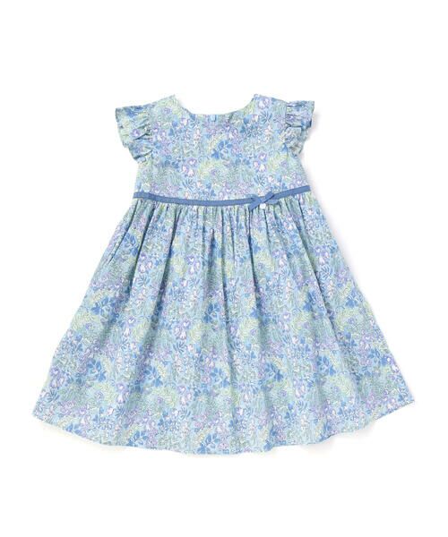 Tartine et Chocolat / タルティーヌ エ ショコラ ミニ丈・ひざ丈ワンピース | 【日本製】【お揃い】リバティ(SweetPeaLeaf)プリントタナローン袖フリルワンピース(90~140cm)（ブルー系）