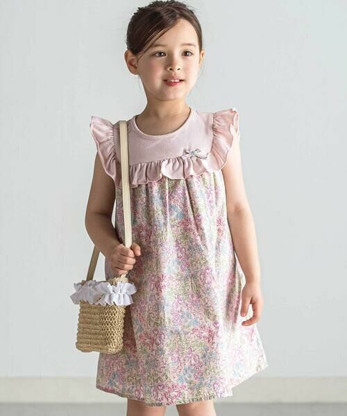 Tartine et Chocolat / タルティーヌ エ ショコラ ミニ丈・ひざ丈ワンピース | 【日本製】【お揃い】リバティ(SweetPeaLeaf)プリントタナローンスムース切り替えワンピース(90~140cm)（ピンク系）