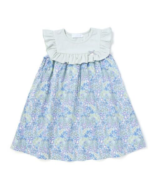 Tartine et Chocolat / タルティーヌ エ ショコラ ミニ丈・ひざ丈ワンピース | 【日本製】【お揃い】リバティ(SweetPeaLeaf)プリントタナローンスムース切り替えワンピース(90~140cm)（ブルー系）