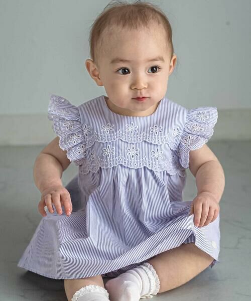 Tartine et Chocolat / タルティーヌ エ ショコラ ベビー・キッズウエア | 【お揃い】コットンブロードストライプパンチングレースフリル袖ワンピース＋ブルマセットベビー(70〜90cm)（パープル系）