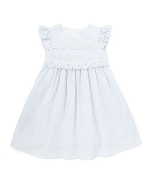 Tartine et Chocolat / タルティーヌ エ ショコラ ミニ丈・ひざ丈ワンピース | 【お揃い】コットンブロードストライプパンチングレースフリル袖ワンピース(90〜140cm)（グレー系）