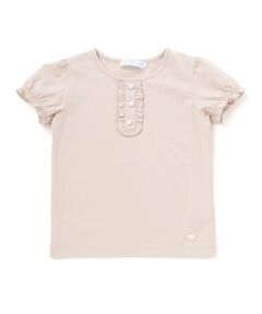 Tartine et Chocolat / タルティーヌ エ ショコラ Tシャツ | 飾りパールボタン付きフリル前立てパフスリーブTシャツ