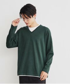 畦編みフェイクレイヤードVネック長袖Tシャツ