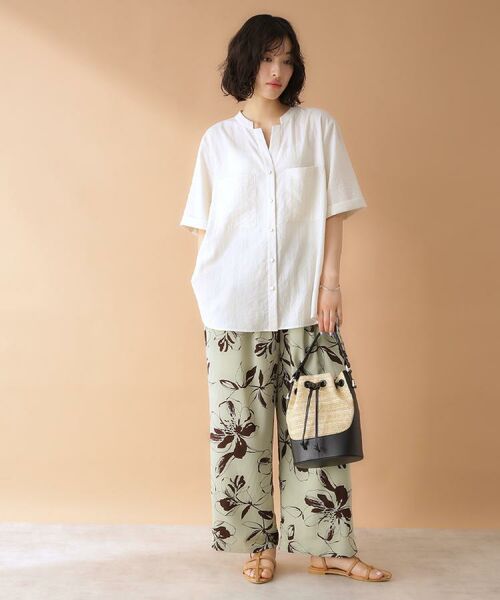 Shirring Jersey Jacquard High Neck Top - light green - Mame