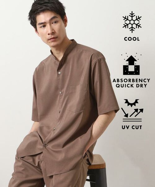 THE SHOP TK/ザ ショップ ティーケー クールファイバーバンドカラー半袖シャツ 接触冷感／吸水速乾／UVケア／軽量／セットアップ可 モカブラウン(042) 04(LL)