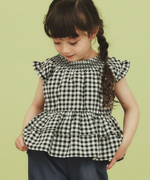 THE SHOP TK / ザ ショップ ティーケー シャツ・ブラウス | 【110-150】ギンガムチェックティアードブラウス/セットアップ可・洗濯機OK(ブラック(219))