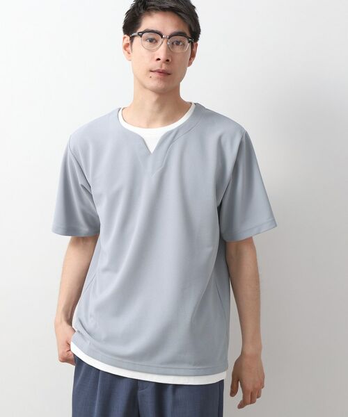 THE SHOP TK / ザ ショップ ティーケー Tシャツ | ツイルキーネック半袖Tシャツ 【接触冷感/洗濯機OK】(ライトグレー(011))