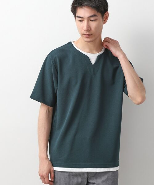 THE SHOP TK / ザ ショップ ティーケー Tシャツ | ツイルキーネック半袖Tシャツ 【接触冷感/洗濯機OK】(グリーン(024))