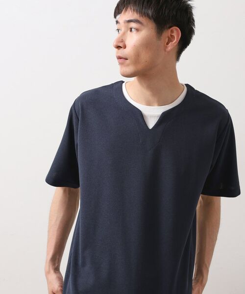 THE SHOP TK / ザ ショップ ティーケー Tシャツ | ツイルキーネック半袖Tシャツ 【接触冷感/洗濯機OK】(ネイビー(094))