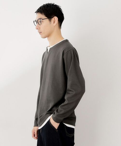 THE SHOP TK / ザ ショップ ティーケー カットソー | 【一枚でコーディネートが完成！】レイヤード風キーネック長袖Tシャツ 洗濯機OK | 詳細5