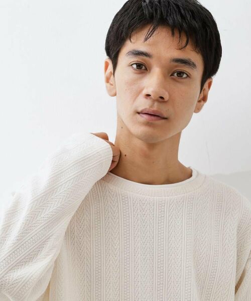 THE SHOP TK / ザ ショップ ティーケー カットソー | 【心地良い、滑らかさ】レイヤード風ケーブル ニットソー 【洗濯機OK】(オフホワイト(003))