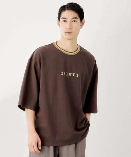 THE SHOP TK / ザ ショップ ティーケー Tシャツ | 配色刺繍6分袖Tシャツ 【ビッグシルエット/洗濯機OK】(ブラウン(544))