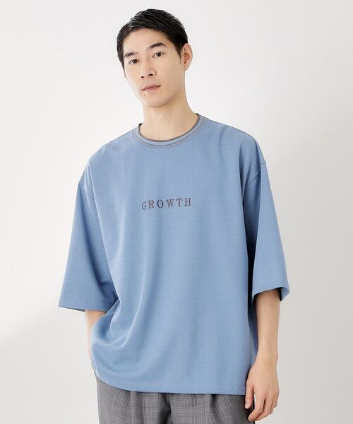 THE SHOP TK / ザ ショップ ティーケー Tシャツ | 配色刺繍6分袖Tシャツ 【ビッグシルエット/洗濯機OK】(ブルー(591))