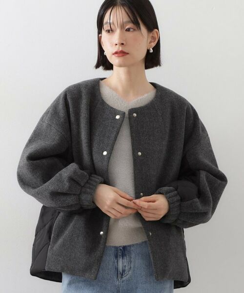 THE SHOP TK / ザ ショップ ティーケー ノーカラージャケット | 前後で印象が変わる ドッキングノーカラージャケット(チャコールグレー(014))