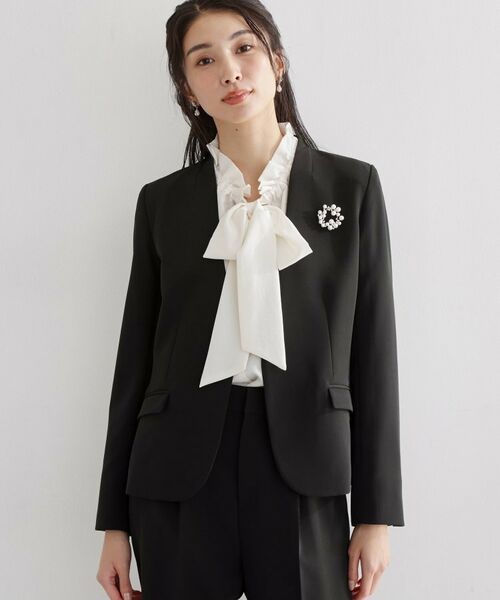 THE SHOP TK / ザ ショップ ティーケー ノーカラージャケット | 【セットアップ可/洗濯機可/イージーケア/防汚加工】ダブルクロス ノーカラージャケット(ブラック(019))