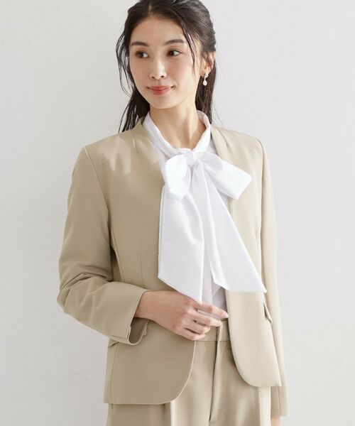 THE SHOP TK / ザ ショップ ティーケー ノーカラージャケット | 【セットアップ可/洗濯機可/イージーケア/防汚加工】ダブルクロス ノーカラージャケット(ベージュ(052))