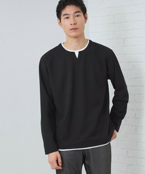 THE SHOP TK / ザ ショップ ティーケー Tシャツ | 【1枚で決まる！】キーネックフェイクレイヤード長袖Tシャツ（ブラック(019)）