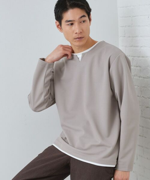 THE SHOP TK / ザ ショップ ティーケー Tシャツ | 【1枚で決まる！】キーネックフェイクレイヤード長袖Tシャツ（ライトベージュ(051)）