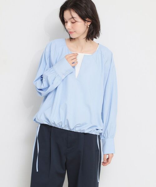 THE SHOP TK / ザ ショップ ティーケー シャツ・ブラウス | キーネックストライプドロストシャツブラウス（ブルー(391)）