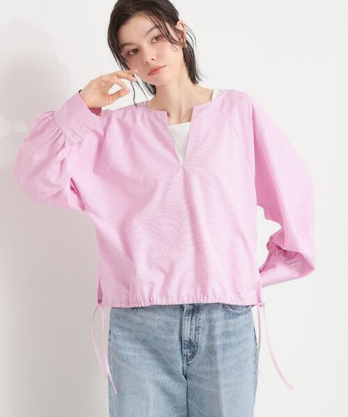 THE SHOP TK / ザ ショップ ティーケー シャツ・ブラウス | キーネックストライプドロストシャツブラウス（ピンク(372)）