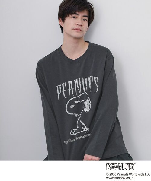 THE SHOP TK / ザ ショップ ティーケー Tシャツ | PEANUTS ／ ピーナッツ スヌーピー ヴィンテージ風プリント長袖Tシャツ（チャコールグレー(014)）