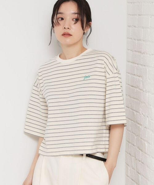 THE SHOP TK / ザ ショップ ティーケー Tシャツ | ワンポイント刺繍マルチボーダーTee（アイボリー(304)）