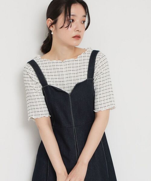 THE SHOP TK / ザ ショップ ティーケー カットソー | 楊柳チェック5分袖カットソー（アイボリー(004)）