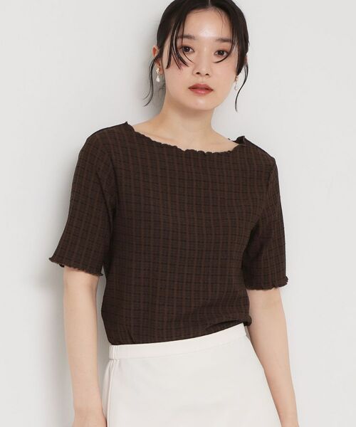 THE SHOP TK / ザ ショップ ティーケー カットソー | 楊柳チェック5分袖カットソー（ブラウン(043)）