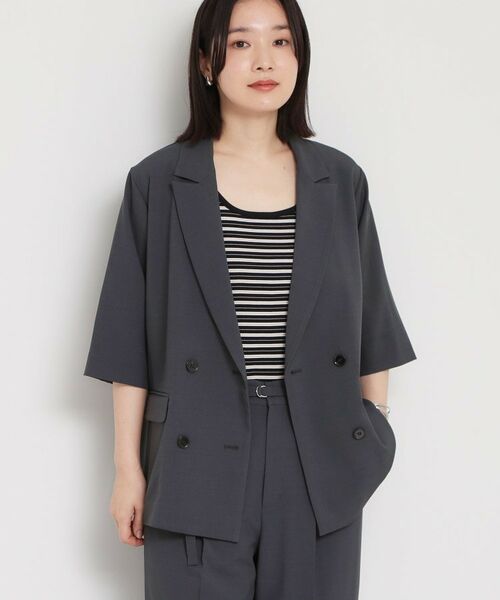 THE SHOP TK / ザ ショップ ティーケー テーラードジャケット | 麻調合繊Wブレスト6分袖ジャケット（セットアップ対応） | 詳細1