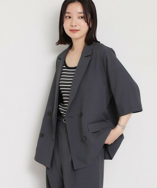 THE SHOP TK / ザ ショップ ティーケー テーラードジャケット | 麻調合繊Wブレスト6分袖ジャケット（セットアップ対応）（チャコールグレー(014)）