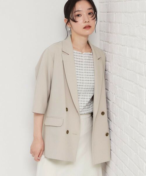 THE SHOP TK / ザ ショップ ティーケー テーラードジャケット | 麻調合繊Wブレスト6分袖ジャケット（セットアップ対応）（グレージュ(050)）