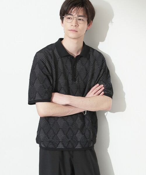 THE SHOP TK / ザ ショップ ティーケー ニット・セーター | 【主張しすぎない配色バランス】アーガイルメッシュポロ半袖Tシャツ 洗濯機OK（ブラック(019)）