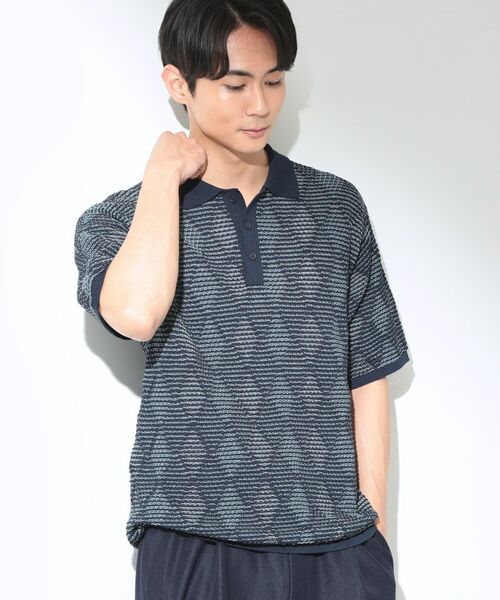 THE SHOP TK / ザ ショップ ティーケー ニット・セーター | アーガイルメッシュポロ半袖Tシャツ（ブルー(092)）