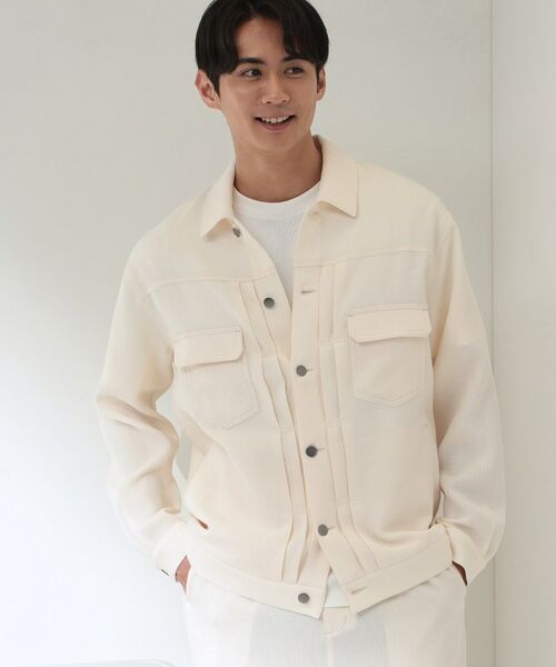 THE SHOP TK / ザ ショップ ティーケー レザーブルゾン・ジャケット | パナマメッシュ シャツブルゾン 洗濯機OK／セットアップ可（アイボリー(004)）