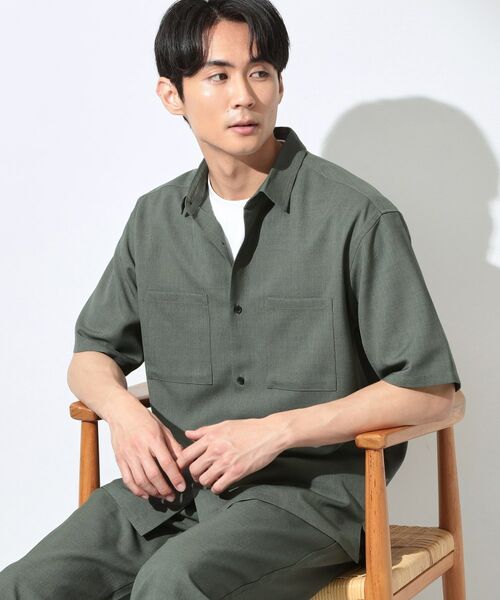 THE SHOP TK / ザ ショップ ティーケー シャツ・ブラウス | LITE TEX ダブルフラップ半袖シャツ セットアップ可（オリーブグリーン(026)）