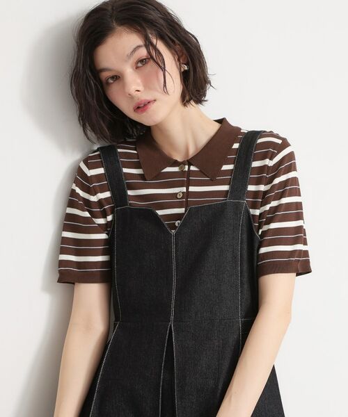 THE SHOP TK / ザ ショップ ティーケー ニット・セーター | 【多機能】レーヨンナイロンボーダーポロニット（ブラウン(343)）