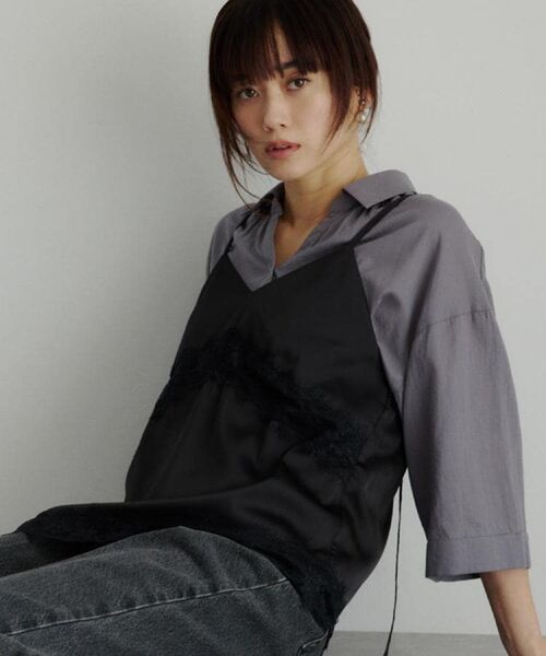 THE SHOP TK / ザ ショップ ティーケー キャミソール・チューブトップ | アシンメトリーサテンレースキャミ（ブラック(019)）