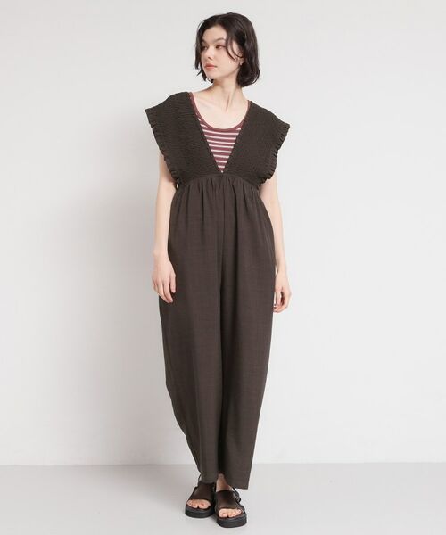 THE SHOP TK / ザ ショップ ティーケー サロペット・オールインワン | シャーリングサロペット（ブラウン(043)）