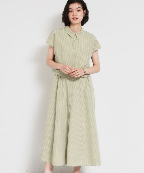 THE SHOP TK / ザ ショップ ティーケー ロング・マキシ丈ワンピース | サッカードッキング風ワンピース（ミントグリーン(321)）